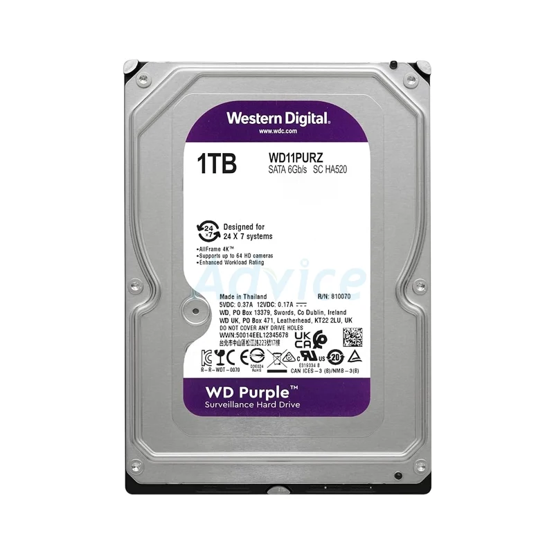 1 TB HDD CCTV WD PURPLE (5400RPM, 64MB, SATA-3, WD11PURZ)
